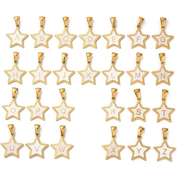 304 Stainless Steel Enamel Pendants, Star with Letter, Golden, 17.5x15.5x1.5mm, Hole: 3x5.3mm