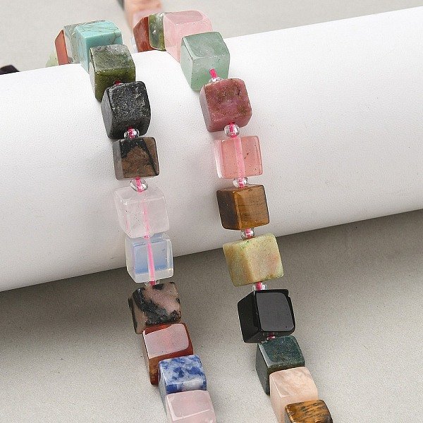 Natural & Synthetic Mixed Gemstone Beads Strands, Cube, With Seed Beads, Mixed Dyed And Undyed, 8-8.5X8-8.5X8-8.5Mm, Hole: 1.2Mm, About 38-39Pcs/Strand, 14.96''(38Cm)-15.35''(39Cm)-image