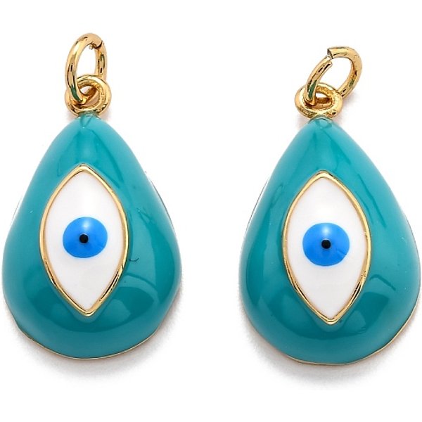 Colgantes de esmalte de latón, real 18k chapado en oro, Plateado de larga duración, lágrima con mal de ojo, turquesa oscuro, 21x13x7mm, agujero: 3.6 mm