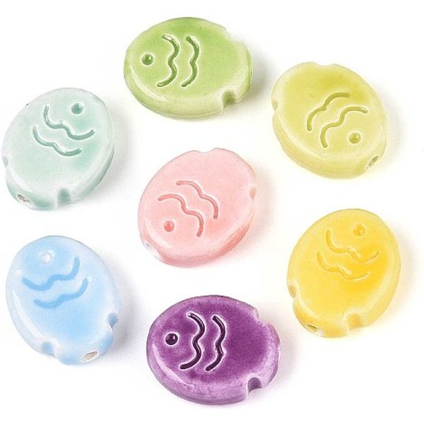 Handmade Porcelain Ceramic Beads, Bright Glazed Porcelain, Fish, Mixed Color, 17X14X5.5Mm, Hole: 2Mm-image