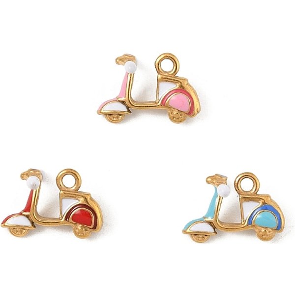 304 Stainless Steel Enamel Pendants, PVD Vacuum Plating, Real 18K Gold Plated, Motorbike Charm, Mixed Color, 11x16x10mm, Hole: 1.8mm