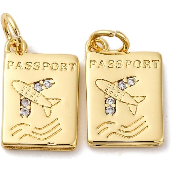 Brass Micro Pave Cubic Zirconia Pendants, Passport Charms, Long-Lasting Plated, Cadmium Free & Lead Free, Rack Plating, With Jump Ring, Real 18K Gold Plated, 14X9.5X1.5Mm, Hole: 3.5Mm-image