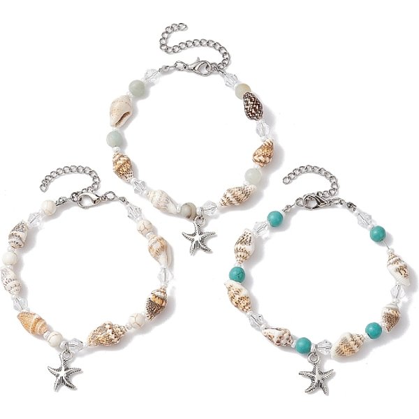 3-Teiliges Set Mit 3 Seestern-Charm-ArmbäNdern Aus Legierung, Mit Gemischten NatüRlichen Und Synthetischen Edelsteinen Und Muschelperlen, 7-1/4 Zoll (18.5 Cm), 1Pc / Style-image
