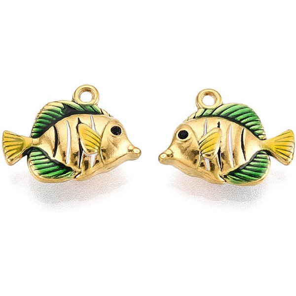 Ion Plating(Ip) 304 Stainless Steel Enamel Pendants, Fish, With Rhinestone, Lead Free & Cadmium Free, Real 18K Gold Plated, Sea Green, 12X16X5Mm, Hole: 1.2Mm-image
