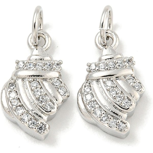 Placage De CréMaillèRe En Laiton Micro Pavé Pendentifs En Zircone Cubique Claire, Plaqué Longue DuréE, Avec Anneaux De Jonction, Sans Plomb Et Sans Cadmium, Conque, Platine, 15X9X8Mm, Trou: 4Mm-image