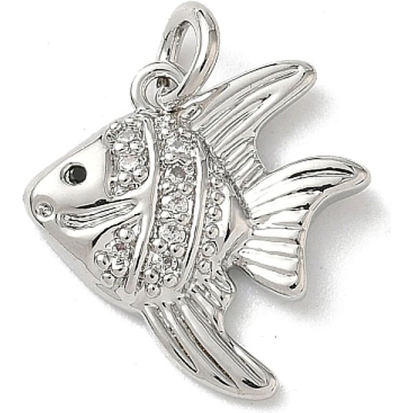 Brass Micro Pave Cubic Zirconia Pendants, Fish Charms, Rack Plating, Cadmium Free & Lead Free, Long-Lasting Plated, Ocean Themes, With Jump Ring, Platinum, 17X16X3Mm, Hole: 3.5Mm-image