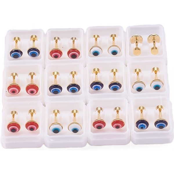 Tapones para el lóbulo de la oreja de acero inoxidable 304 para el mal de ojo, pendientes de rosca, con plástico, dorado, color mezclado, 12.5mm, pin: 1 mm