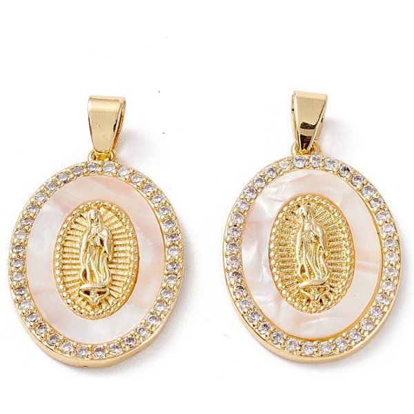 LatóN Micro Pavimenta Claro Colgantes De Circonio CúBico, Encantos De La SeñOra De Guadalupe, Plateado De Larga DuracióN, Oval Con Virgen MaríA, Real 18K Chapado En Oro, 27X19X3Mm, Agujero: 4.5X3.5 Mm-image