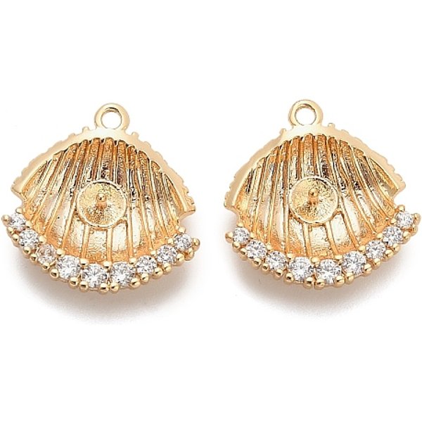Brass Micro Pave Cubic Zirconia Peg Bails, For Half Drilled Beads, Shell Shape, Cadmium Free & Nickel Free & Lead Free, Real 18K Gold Plated, 15.5X15X4.5Mm, Hole: 1.2Mm, Pin: 0.8Mm-image