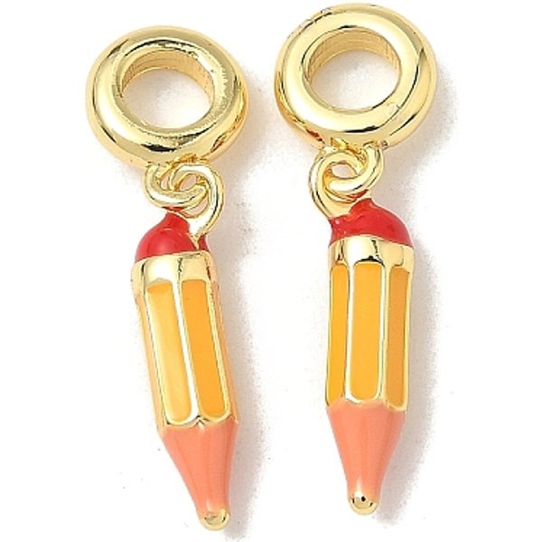 Brass Gold Enamel Pencil European Dangle Charms, Large Hole Pendants, Rack Plating, Long-Lasting Plated, Lead Free & Cadmium Free, Golden, 23mm, Hole: 4mm