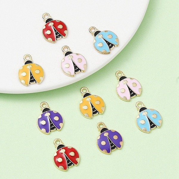 10Pcs 5 Colors Alloy Enamel Pendants, Light Gold, Ladybug Charm, Mixed Color, 23X19.5X2Mm, Hole: 1.6Mm, 2Pcs/Color-image