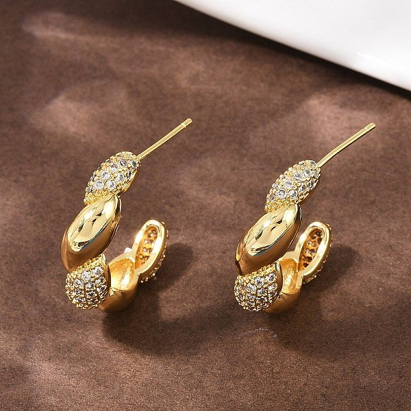 Orecchini A Bottone Intrecciati In Ottone Micro Pavé Di Zirconi Cubici Trasparenti, Placcato Di Lunga Durata, Placcatura Cremagliera, Vero Placcato Oro 18K, 25X6.5Mm-image