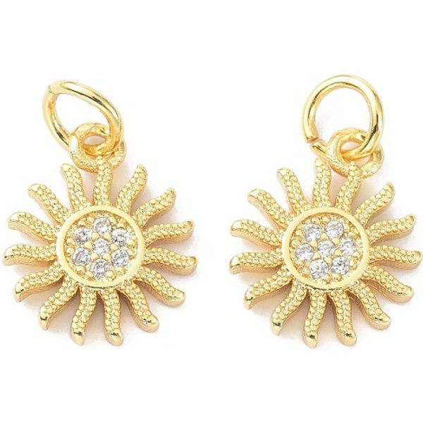 Brass Cubic Zirconia Charms, with Jump Ring, Long-Lasting Plated, Lead Free & Cadmium Free, Sun, Real 18K Gold Plated, 13x11x1.8mm