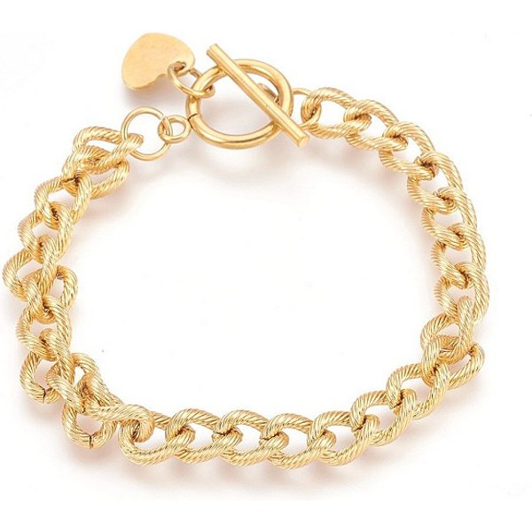 Ion Plating(Ip) 304 Stainless Steel Curb Chain Bracelets, Textured, With Toggle Clasps And Heart Shape Charm, Golden, 7-1/2 Inch(19Cm), 7Mm-image