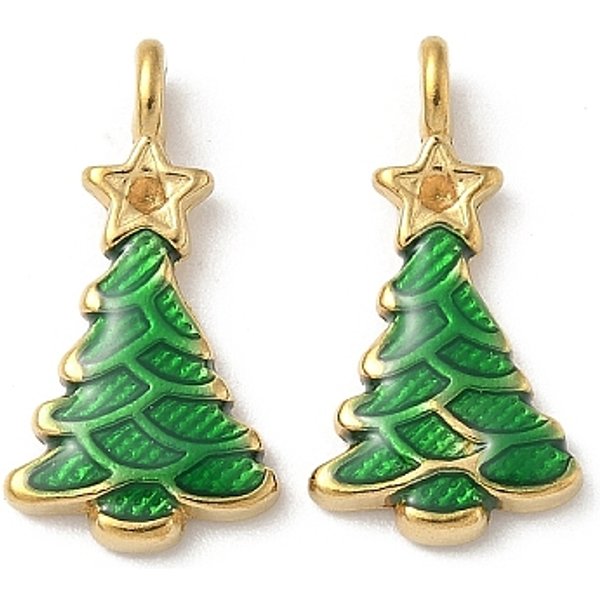 Colgantes De Esmalte De Acero Inoxidable 304, Encantos De Tema NavideñO, Revestimiento De Iones (Ip), Real 18K Chapado En Oro, áRbol De Navidad, 21X11X2.5Mm, Agujero: 1.6 Mm-image