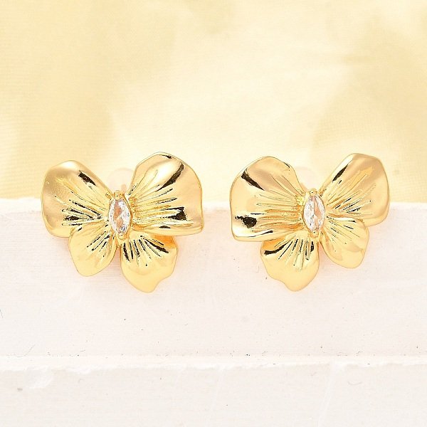 Pendientes De Tuerca Con Circonita CúBica Y Micropavé De LatóN Con Lazo, Plateado De Larga DuracióN, Sin NíQuel, Real 18K Chapado En Oro, Claro, 17X20Mm-image
