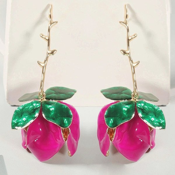 Alloy Dangle Stud Earrings, Flower, With Enamel, Golden, 97X50.5Mm-image