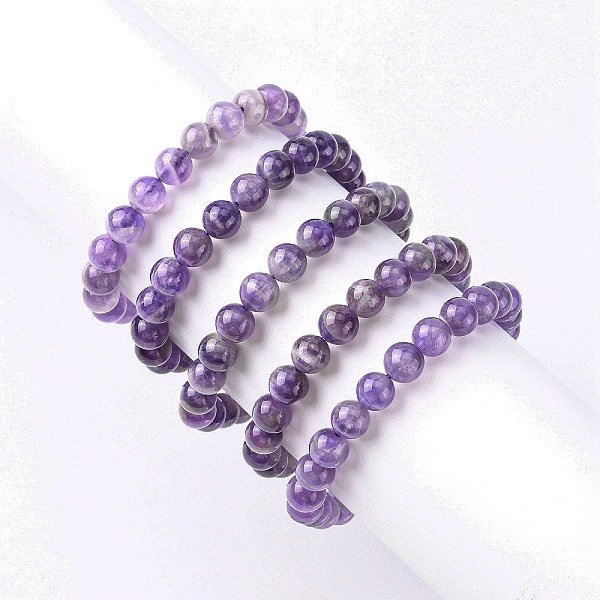 Bracciale Elasticizzato Con Perline Rotonde In Ametista Naturale, Gioielli Con Pietre Preziose Per Le Donne, Viola, Diametro Interno: 2-1/8-2-1/4 Pollice (5.4-5.8 Cm), Perline: 8 Mm-image
