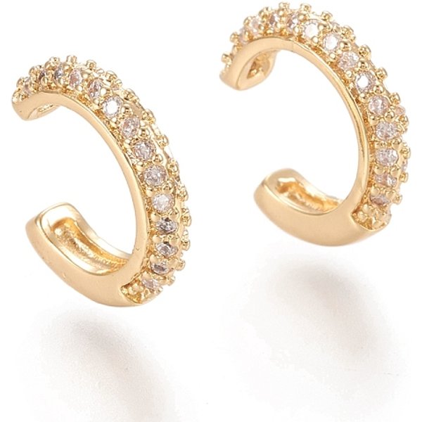 Brass Micro Pave Clear Cubic Zirconia Cuff Earrings, Ring, Real 18K Gold Plated, 10x3mm