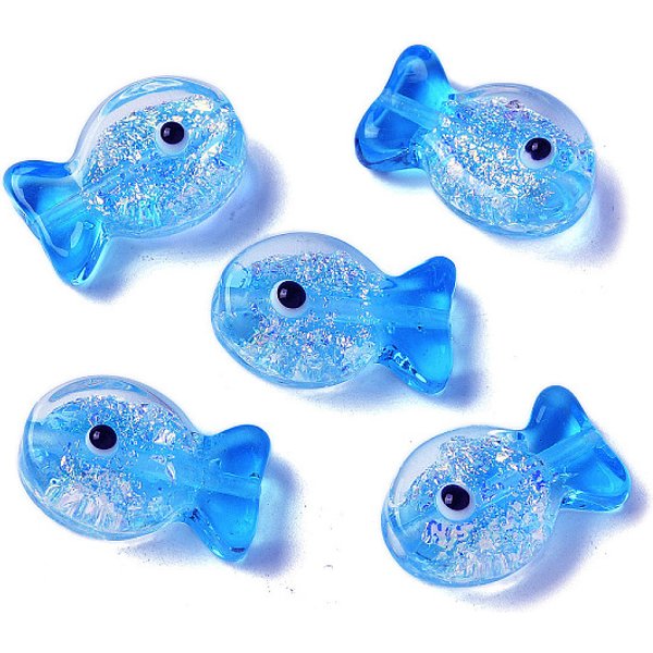 Cuentas de peces hechas a mano con lampwork, con esmalte, degradado de color, cielo azul profundo, 20x23x8.5mm, agujero: 1.8 mm