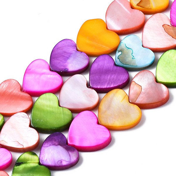 Natural Freshwater Shell Beads Strands, Dyed, Heart, Mixed Color, 11-12X12-13X3Mm, Hole: 0.8Mm, About 34-35Pcs/Strand, 14.96 Inch(38Cm)-image