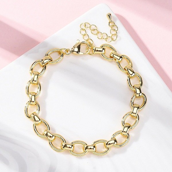 Brass Oval Link Chain Bracelets For Women Men, Long-Lasting Plated, Cadmium Free & Lead Free, Rack Plating, Real 18K Gold Plated, 8 Inch(20.3Cm)-image