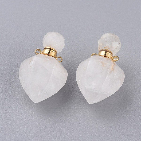 Pendentifs De Bouteille De Parfum Ouvrants En Cristal De Quartz Naturel à Facettes, Cristal De Roche, Avec Des Accessoires En Acier Inoxydable 304, Forme De PêChe, Or, 35-36X18-18.5X21-21.5Mm, Trou: 1.8Mm, Capacité De La Bouteille: 1 Ml...-image