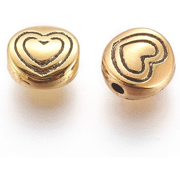 Perline In Lega Stile Tibetano, Piatta E Rotonda Con Il Cuore, Oro Antico, Piombo & Cadmio & Nichel Libero, 6X6X3Mm, Foro: 1.5 Mm-image