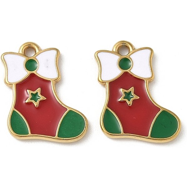 Colgantes De Esmalte De Acero Inoxidable 304, Encantos De Tema NavideñO, Revestimiento De Iones (Ip), Real 18K Chapado En Oro, Calcetines De Navidad, 15.5X12X1.5Mm, Agujero: 1.4 Mm-image