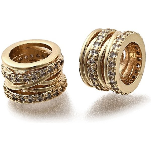 Brass Micro Pave Clear Cubic Zirconia European Beads, Large Hole Beads, Column, Real 18K Gold Plated, 7X10.5Mm, Hole: 6.8Mm-image
