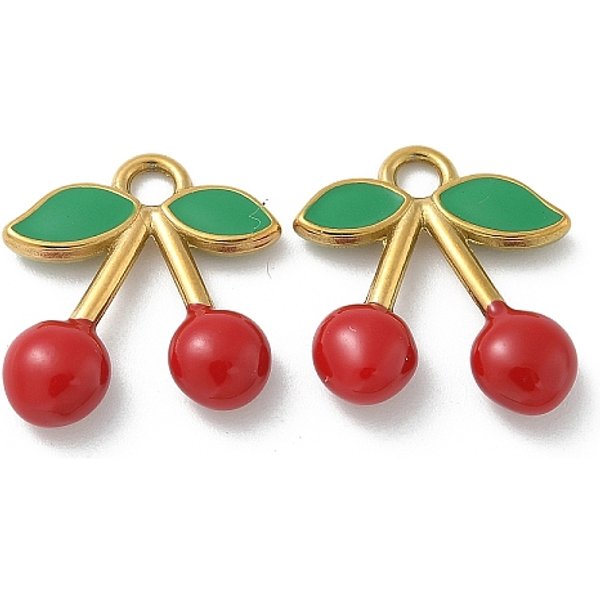 Ionenplattierung (Ip) 304 EdelstahlanhäNger, Mit Emaille, Echtes 18K Vergoldet, Kirsche Charme, Rot, 15.5X15X4 Mm, Bohrung: 2 Mm-image