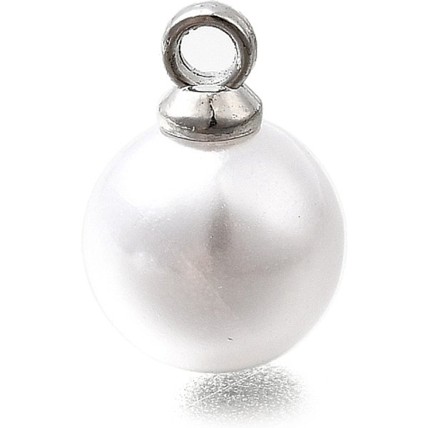 ABS Plastic Pearl Pendants, Round, with Platinum Alloy Loop, White, 11x8mm, Hole: 1.6mm