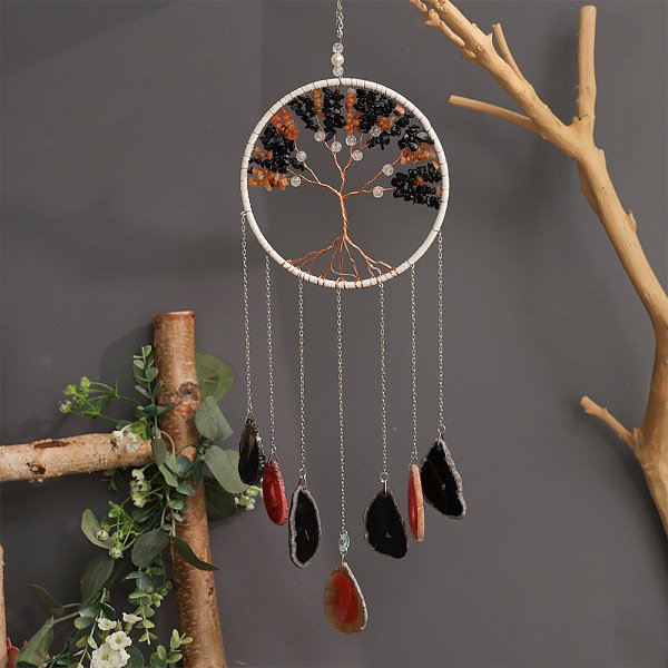 Brass Wire Wrapped Natural Black Agate Chips Tree of Life Pendant Decorations, Natural Agate Slice Tassel for Home Car Hanging Decor, Mixed Color, 520mm