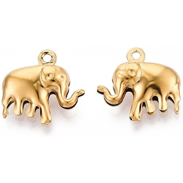 201 Stainless Steel Charms, Elephant Charm, Ion Plating(Ip), Real 18K Gold Plated, 14.5X15X5Mm, Hole: 1.4Mm-image