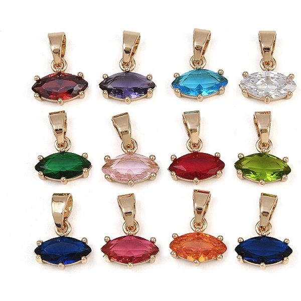 Breloques En Laiton Avec Micro Pavé De Zircones Cubiques Et Pierre De Naissance, Oeil De Cheval, Sans Cadmium & Sans Nickel & Sans Plomb, Or, Couleur Mixte, 11X12X4.5Mm, Trou: 6.5X4.5Mm-image
