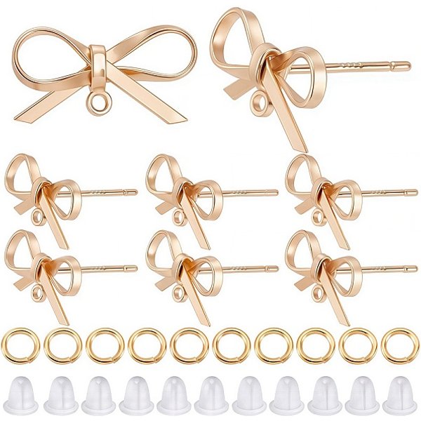 12 StüCk Ohrstecker Aus Messing, Mit Horizontalen Schleifen, Schleife, Nickelfrei, 12 Biegeringe Und 50 Ohrmuttern Aus Kunststoff, Echtes 18K Vergoldet, 10X15 Mm, Bohrung: 1 Mm, Stift: 0.7 Mm-image