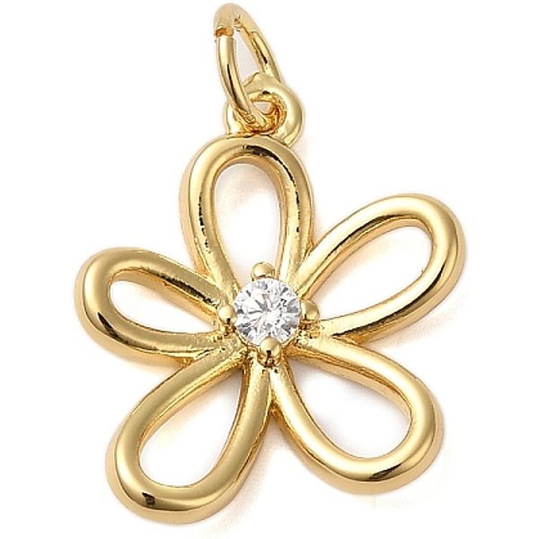 Rack Plating Brass & Clear Cubic Zirconia Pendants, Cadmium Free & Lead Free, Long-Lasting Plated, Flower, with Jump Ring, Real 18K Gold Plated, 18x14.5x2.5mm, Hole: 5mm