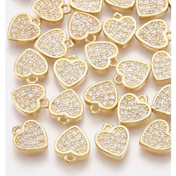 Brass Cubic Zirconia Charms, Heart, Clear, Real 18K Gold Plated, 7.5x6.5x1.5mm, Hole: 0.8mm