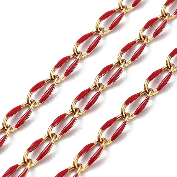 Catene A Maglie Ovali Intrecciate In Acciaio Inossidabile Smaltato 304 Con Placcatura Ionica (Ip), Con La Bobina, Saldato, Vero Placcato Oro 18K, Ovale, Rosso, 9X4X1Mm, Circa 16.40 Piedi (5 M)/Rotolo-image