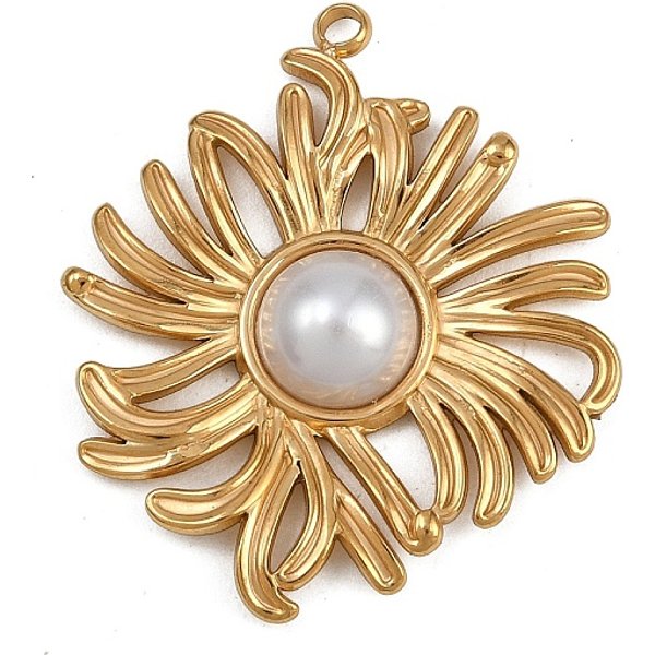 AnhäNger Aus Edelstahl 304, Blume AnhäNger / Charms, Mit Kunststoff-Perle, Golden, 32X28X5 Mm, Bohrung: 1.4 Mm-image