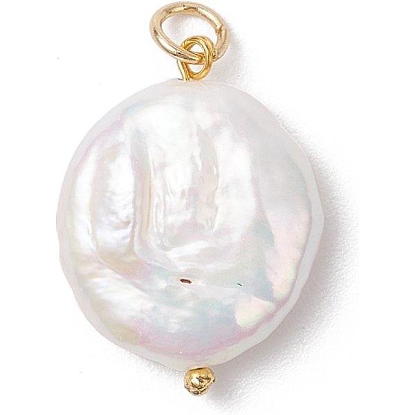Natural Keshi Pearl Pendants, Flat Round Charms, With Brass Ball Jump Rings, White, Golden, 21-22X16-16.5X5.5-6Mm, Hole: 3.4Mm-image
