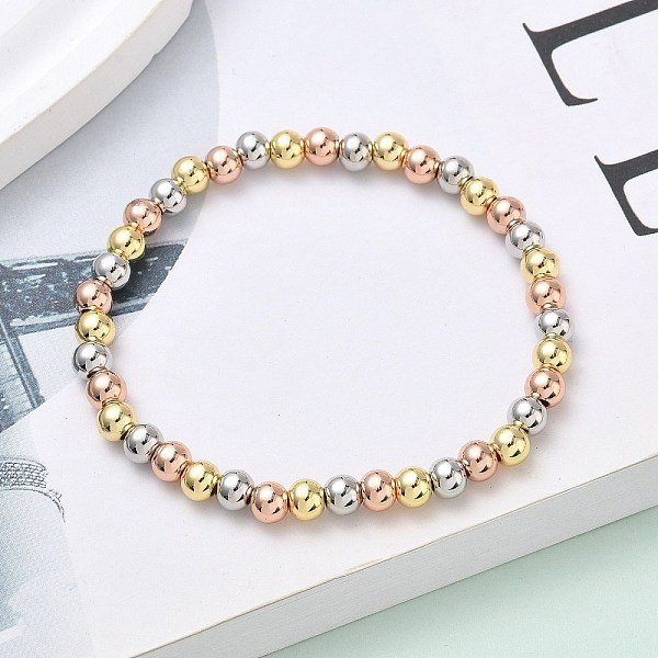 Brass Round Beaded Stretch Bracelets For Men Women, Rack Plating, Long-Lasting Plated, Lead Free & Cadmium Free, Mixed Color, 1/4 Inch(0.5Cm), Inner Diameter: 1-7/8 Inch(4.7Cm)-image