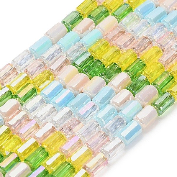 Electroplated Glass Beads Strands, Column, Faceted, Lawn Green, 9X5Mm, Hole: 1.2Mm, About 40-42Pcs/Strand, 37-39Cm-image