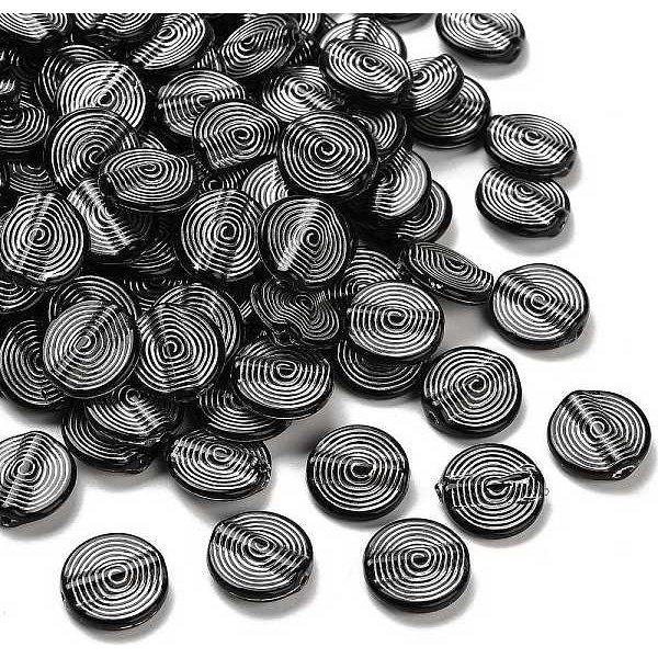 Opaque Acrylic Beads, Silver Metal Enlaced, Flat Round, Black, 16.5x16x5mm, Hole: 1.8mm, about 724pcs/500g