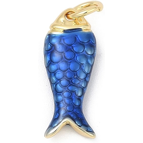 Brass Enamel Pendants, With Jump Ring, Fish Charms, Long-Lasting Plated, Lead Free & Cadmium Free, Rack Plating, Real 18K Gold Plated, Dark Blue, 17.5X7X3.5Mm, Hole: 3.5Mm-image