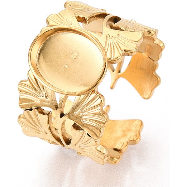 Composants De Bague De Manchette En Acier Inoxydable 304 Avec Feuille De Ginkgo, RéGlage De La Bague De Protection Ovale, Placage Ionique (Ip), VéRitable 18K Plaqué Or, Plateau: 10X8 Mm, 14Mm, DiamèTre IntéRieur : RéGlable-image