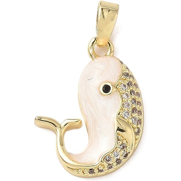 Brass Micro Pave Cubic Zirconia Pendants, Whale, Enamel Style, Real 18K Gold Plated, Misty Rose, 14X19X4.5Mm, Hole: 4X3Mm-image