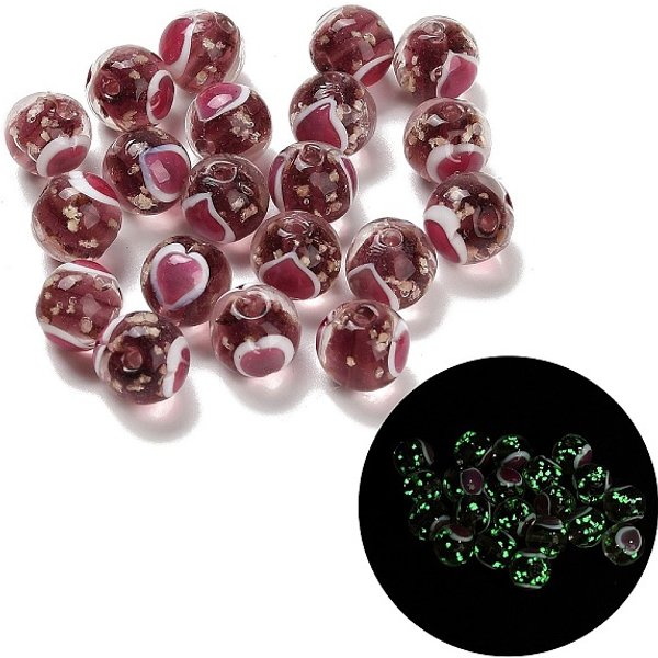 Handmade Lampwork Beads, Luminous Beads, Round with Heart, Glow in the Dark, Rosy Brown, 10mm, Hole: 1.8mm