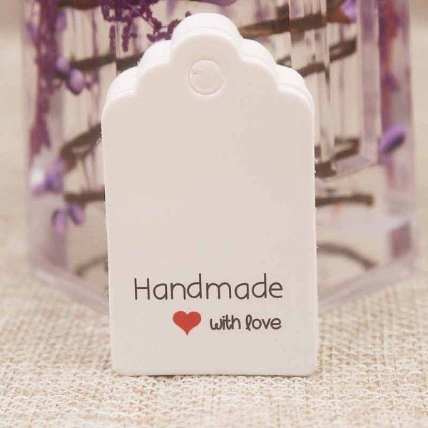 Paper Gift Tags, Hange Tags, For Arts And Crafts, For Wedding, Valentine's Day, Rectangle With Word Handmade With Love, White, 50X30X0.4Mm, Hole: 5Mm-image
