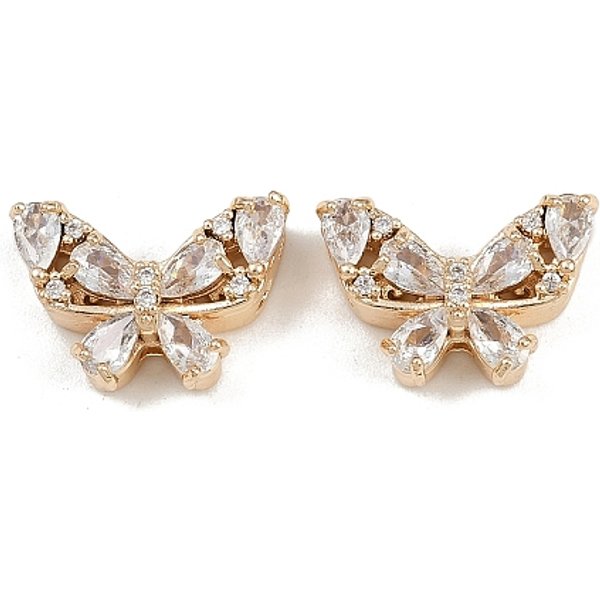 Brass Pave Cubic Zirconia Multi-Strand Butterfly Links, Real 18K Gold Plated, Clear, 12x18x6.5mm, Hole: 1.5mm